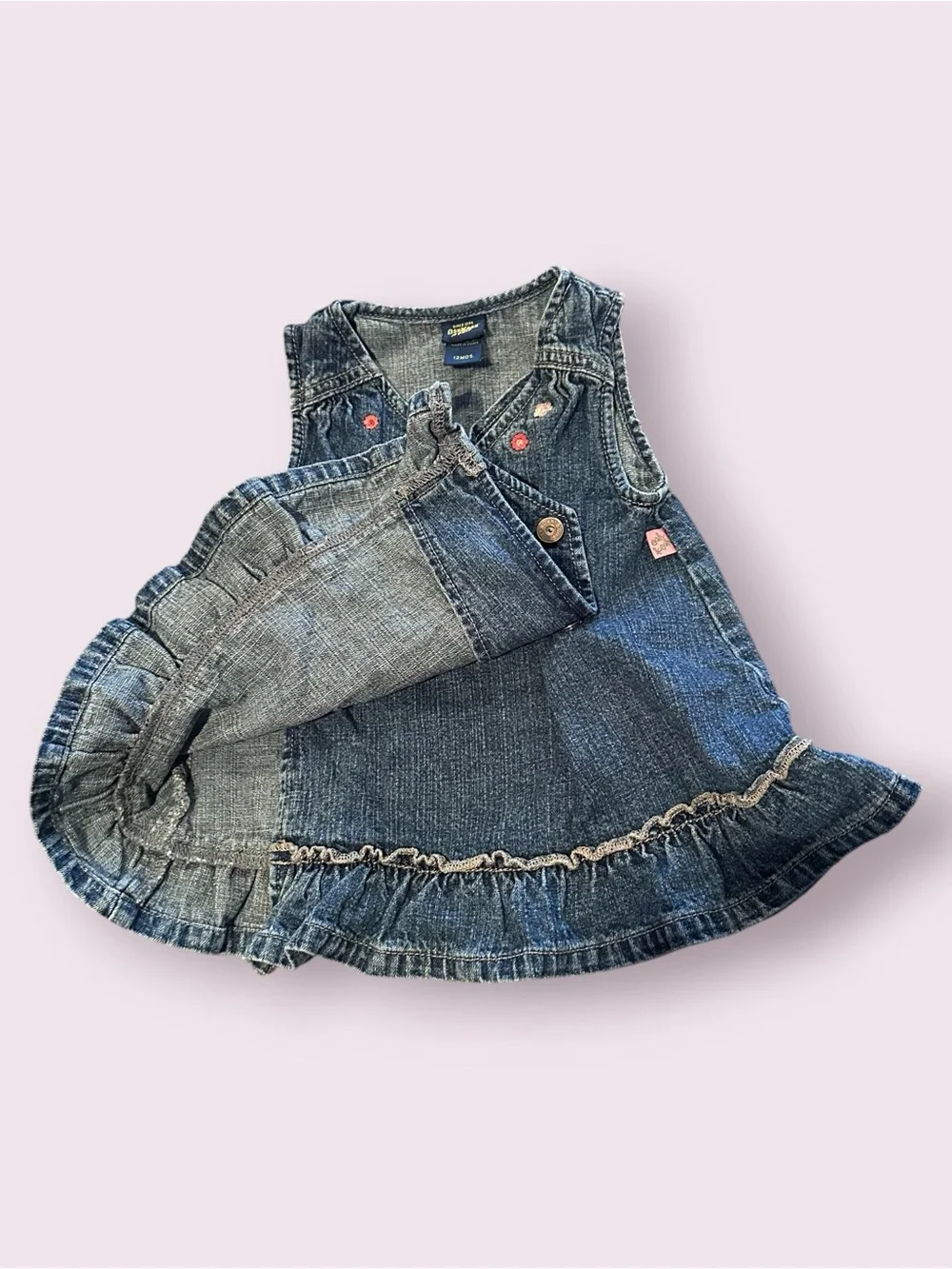 Vintage OshKosh B'gosh Denim Wrap Dress Floral Embroidery Size 12 Months